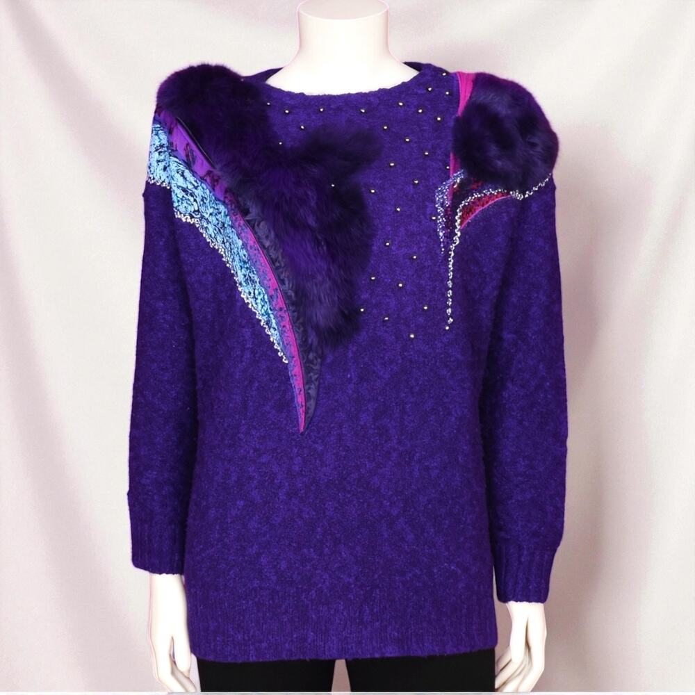 80s Mariea Kim Purple Faux Fur Studded Lace Statement Sweater NWT L Vintage